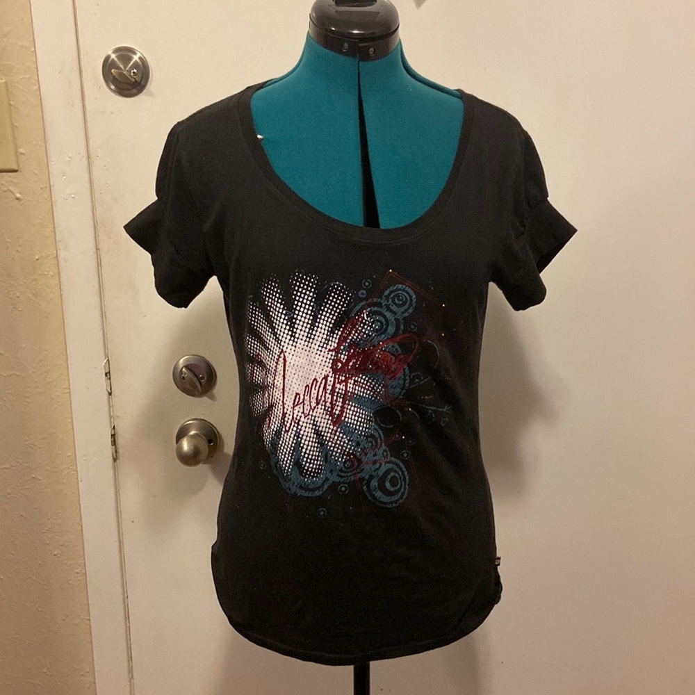 Black Short Sleeve T-Shirt w/small studs SMALL-MEDIUM “Mecca Femme” logo?